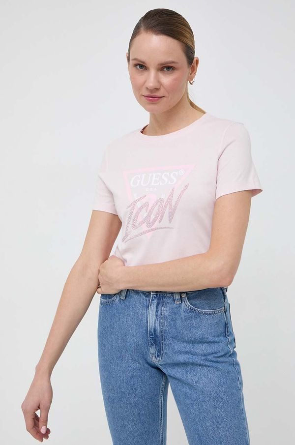 Guess Bombažna kratka majica Guess ženski, roza barva