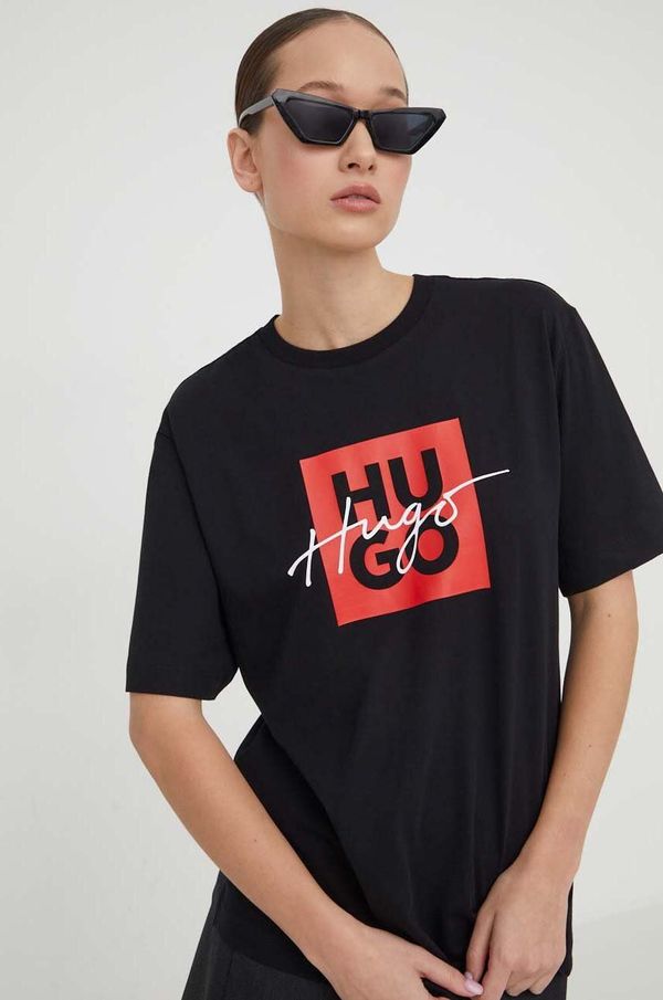 HUGO Bombažna kratka majica HUGO črna barva