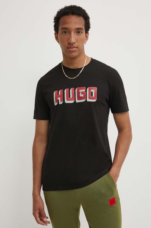 Hugo Bombažna kratka majica HUGO moška, črna barva, 50516624