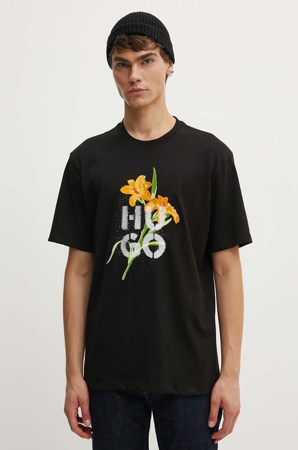 HUGO Bombažna kratka majica HUGO moška, črna barva, 50517841