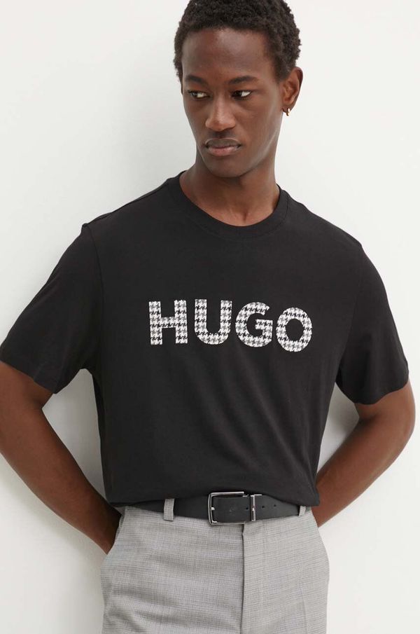 Hugo Bombažna kratka majica HUGO moška, črna barva, 50519724