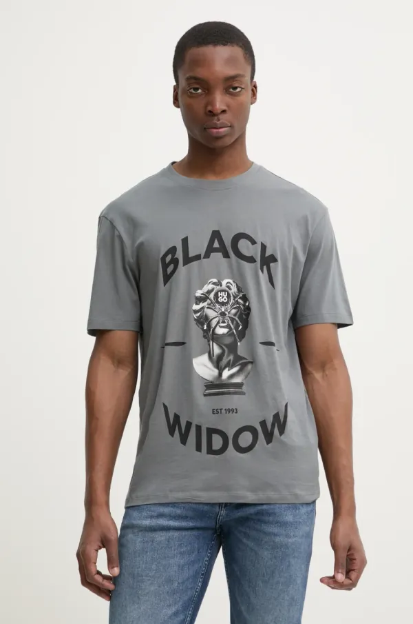 HUGO Bombažna kratka majica HUGO moška, siva barva, 50530684