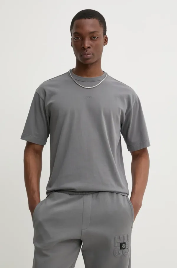 HUGO Bombažna kratka majica HUGO moška, siva barva, 50531739
