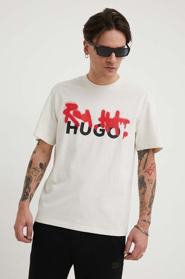 Hugo Bombažna kratka majica HUGO moški, bež barva