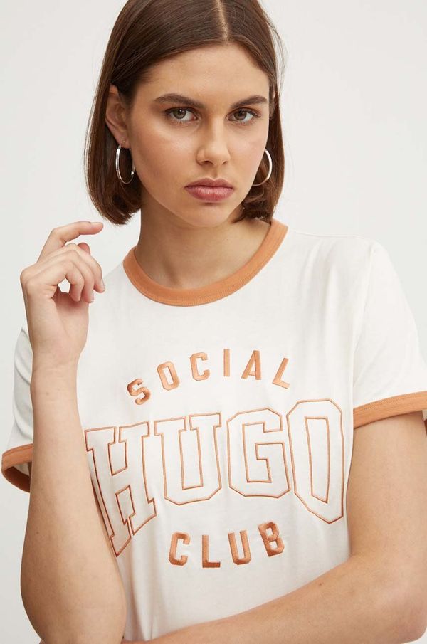 Hugo Bombažna kratka majica HUGO ženska, bež barva, 50530170