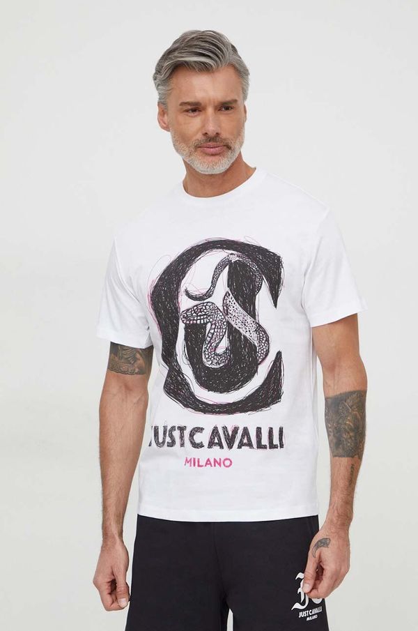 Just Cavalli Bombažna kratka majica Just Cavalli moški, bela barva