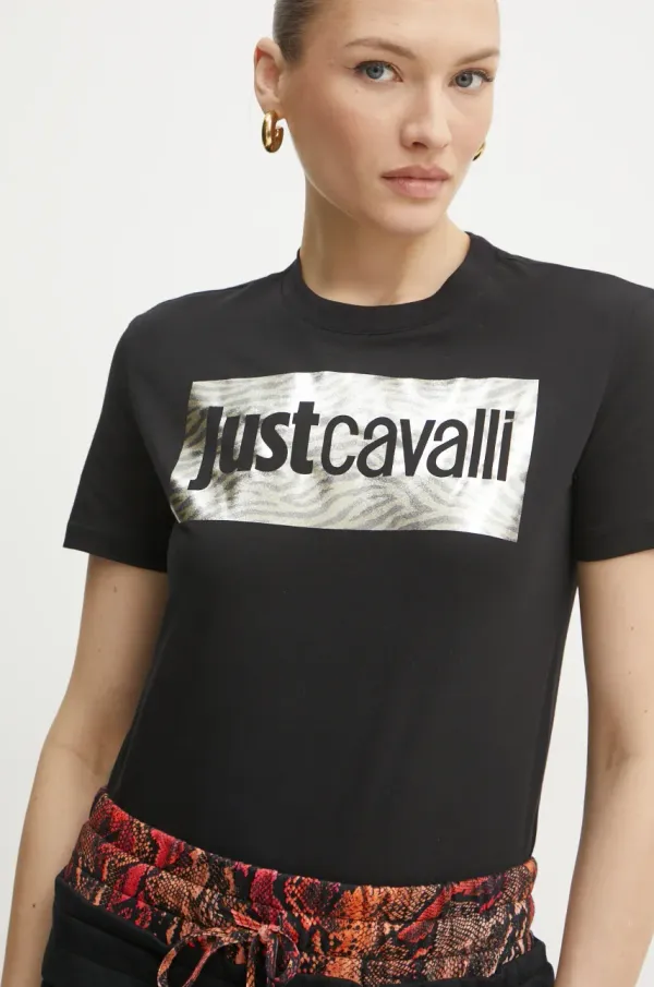 Just Cavalli Bombažna kratka majica Just Cavalli ženska, črna barva, 78PAHT15 CJ500