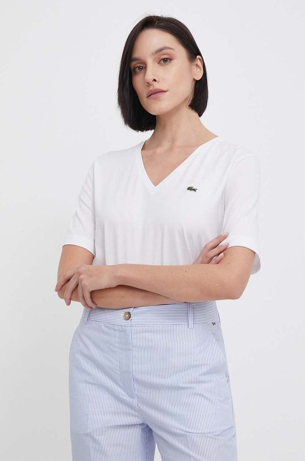 Lacoste Bombažna kratka majica Lacoste ženski, bela barva