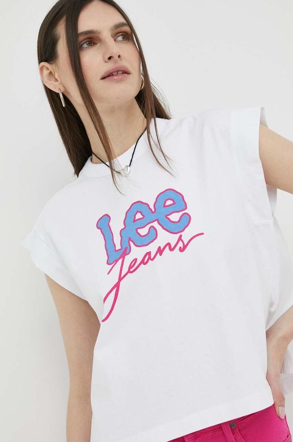 Lee Bombažna kratka majica Lee bela barva