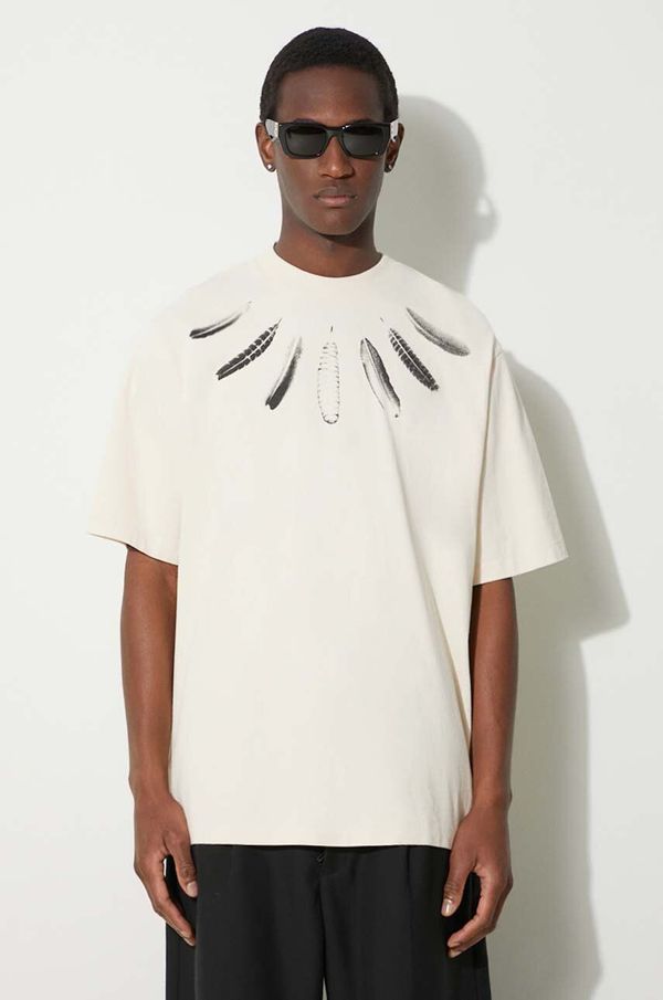 Marcelo Burlon Bombažna kratka majica Marcelo Burlon Collar Feathers Over moška, bež barva, CMAA054S24JER0060C10