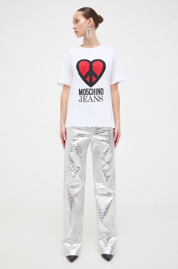 Moschino Jeans Bombažna kratka majica Moschino Jeans ženski, bela barva