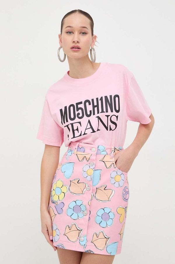 Moschino Jeans Bombažna kratka majica Moschino Jeans ženski, roza barva