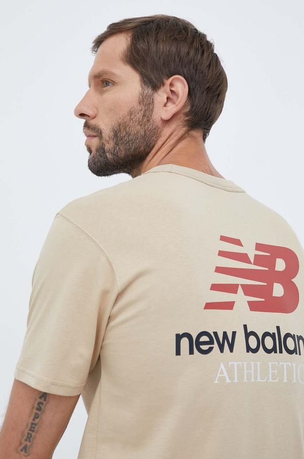 New Balance Bombažna kratka majica New Balance bež barva