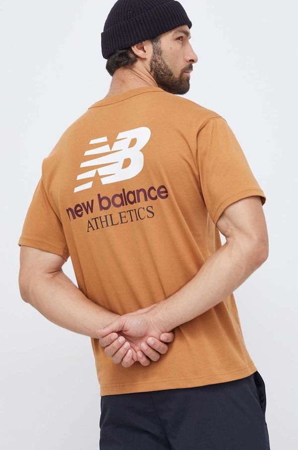 New Balance Bombažna kratka majica New Balance moški, rjava barva