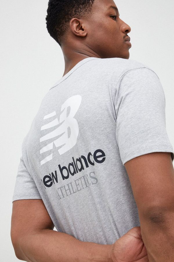 New Balance Bombažna kratka majica New Balance siva barva