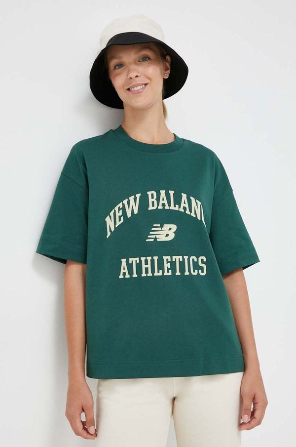 New Balance Bombažna kratka majica New Balance zelena barva