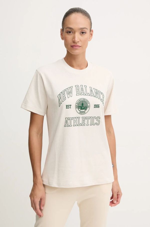New Balance Bombažna kratka majica New Balance ženska, bež barva, WT43548LIT