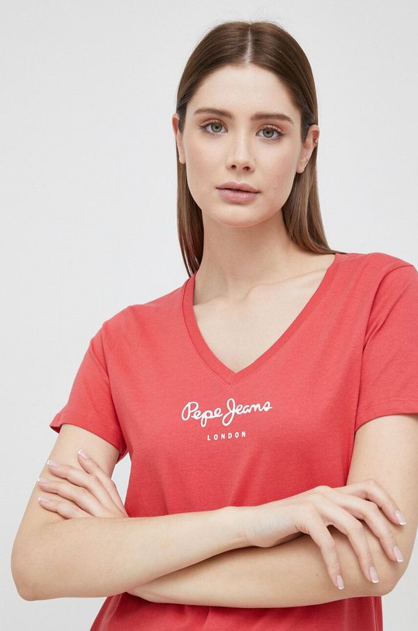 Pepe Jeans Bombažna kratka majica Pepe Jeans Wendy V Neck rdeča barva