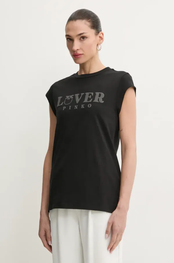 Pinko Bombažna kratka majica Pinko ženska, črna barva, 104603 A2D1