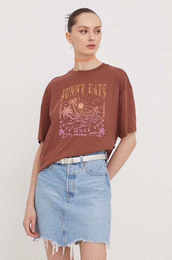 Roxy Bombažna kratka majica Roxy ženski, rjava barva
