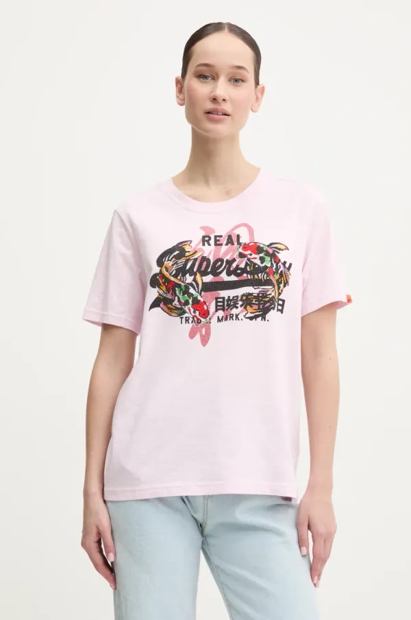 Superdry Bombažna kratka majica Superdry ženska, roza barva, W1011627A-9HQ