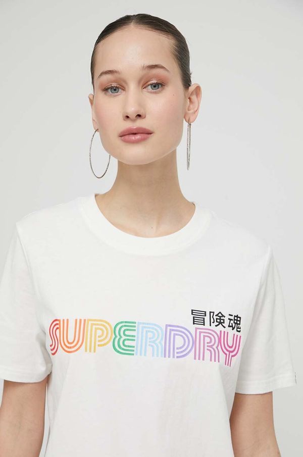 Superdry Bombažna kratka majica Superdry ženski, bež barva