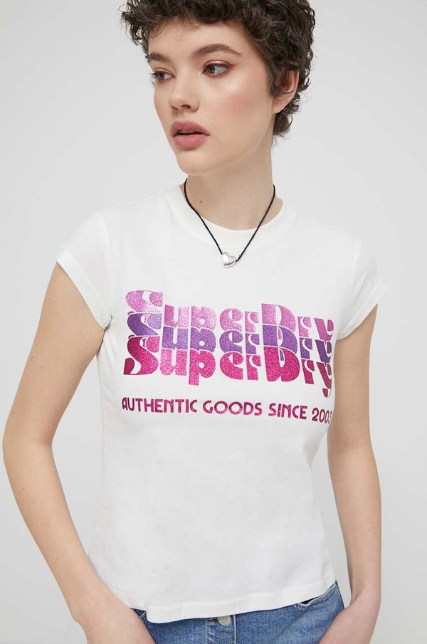 Superdry Bombažna kratka majica Superdry ženski, bež barva