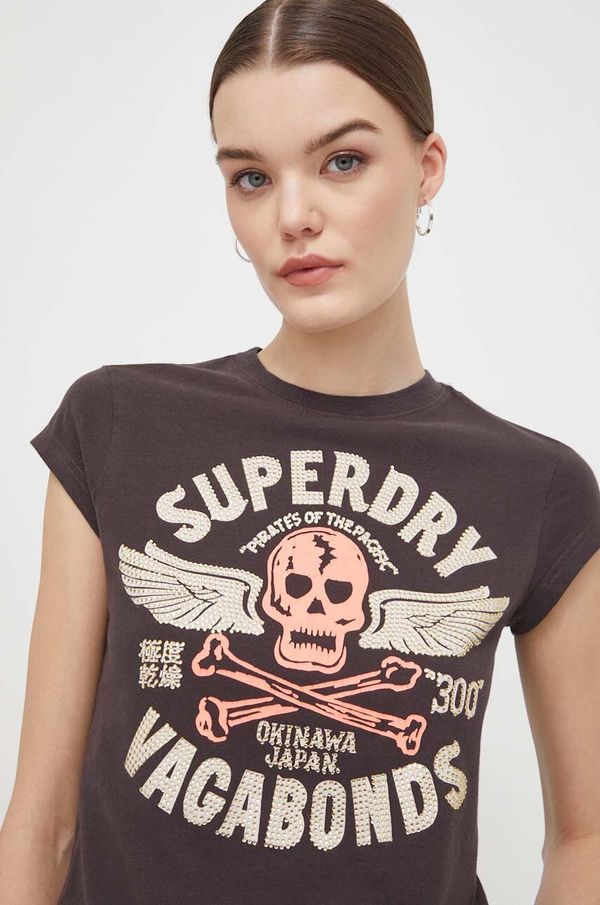 Superdry Bombažna kratka majica Superdry ženski, rjava barva