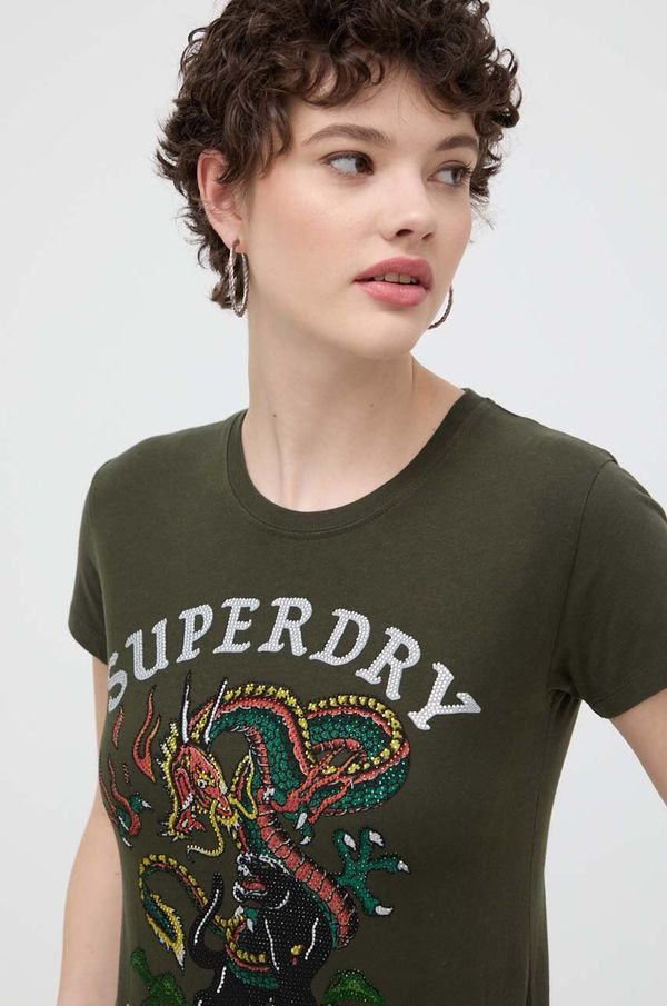 Superdry Bombažna kratka majica Superdry ženski, zelena barva