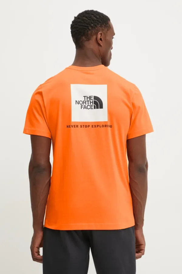 The North Face Bombažna kratka majica The North Face Redbox moška, oranžna barva, NF0A87NPAQE1