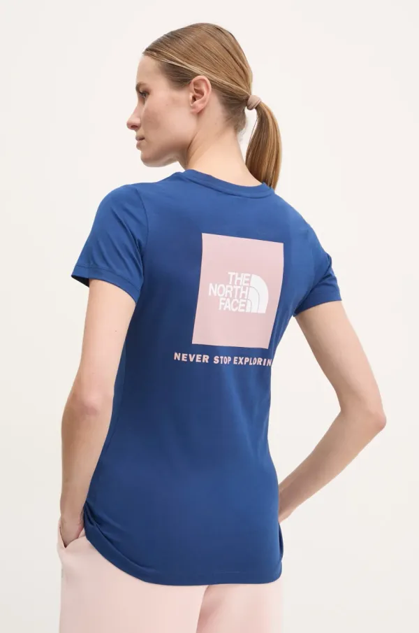 The North Face Bombažna kratka majica The North Face Redbox Slim ženska, mornarsko modra barva, NF0A87NMB4O1