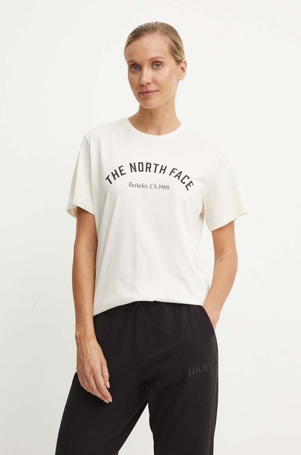 The North Face Bombažna kratka majica The North Face Tee Varsity Graphic ženska, bež barva, NF0A89CQQLI1