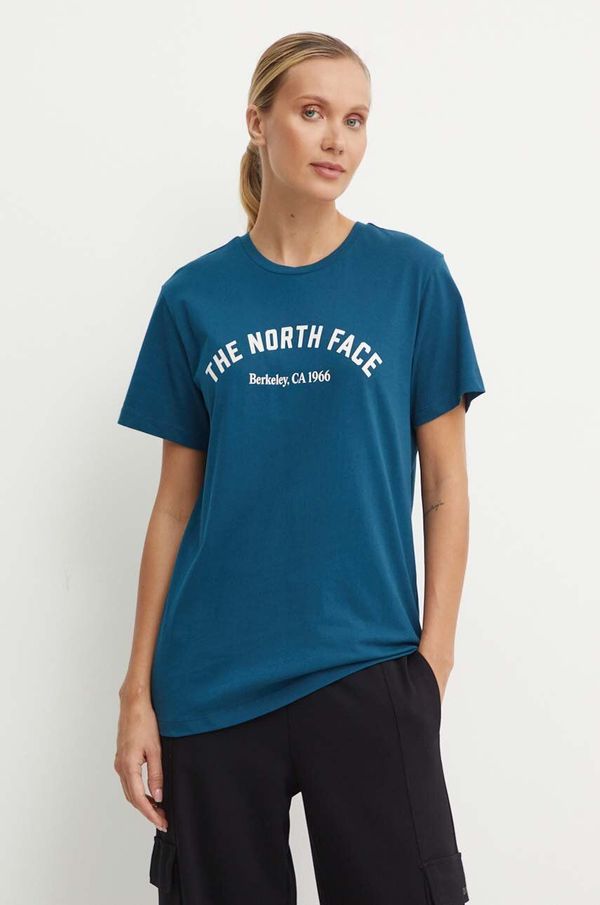 The North Face Bombažna kratka majica The North Face Tee Varsity Graphic ženska, turkizna barva, NF0A89CQ1NO1