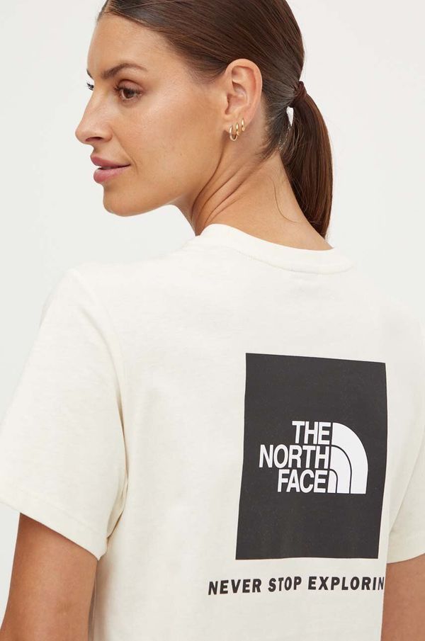 The North Face Bombažna kratka majica The North Face W S/S Relaxed Redbox Tee ženska, bež barva, NF0A87NKQLI1