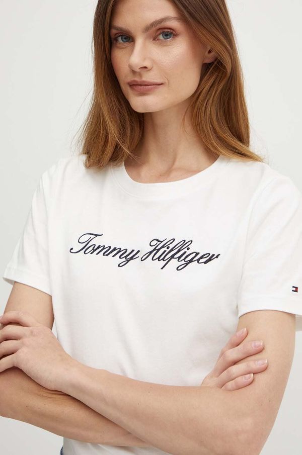Tommy Hilfiger Bombažna kratka majica Tommy Hilfiger ženska, bela barva, WW0WW43459