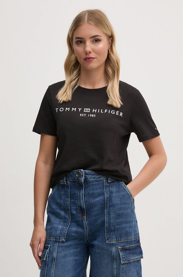 Tommy Hilfiger Bombažna kratka majica Tommy Hilfiger ženska, črna barva, WW0WW40276