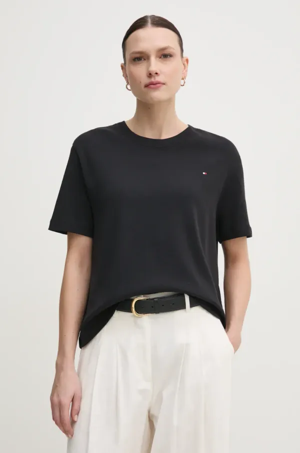 Tommy Hilfiger Bombažna kratka majica Tommy Hilfiger ženska, črna barva, WW0WW46158