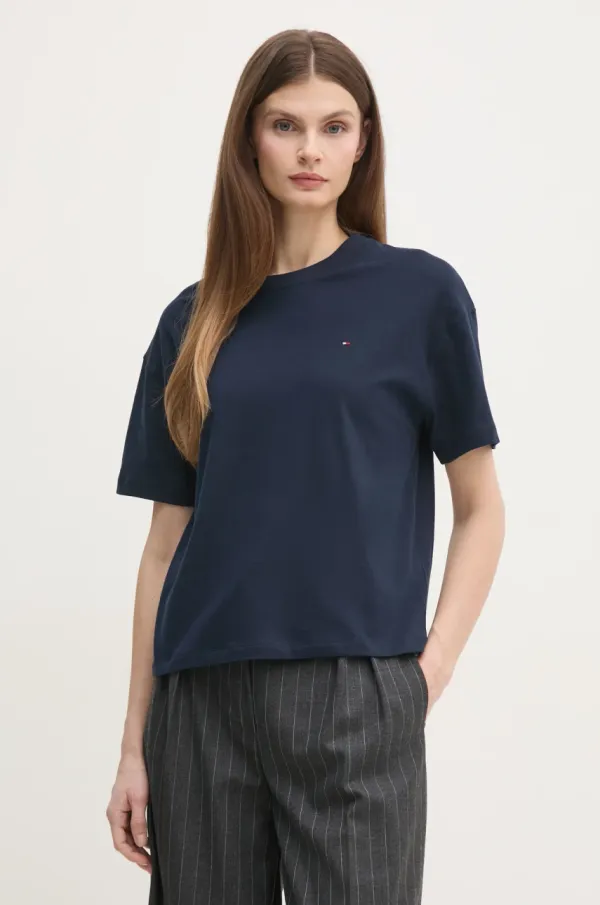 Tommy Hilfiger Bombažna kratka majica Tommy Hilfiger ženska, mornarsko modra barva, UW0UW05763