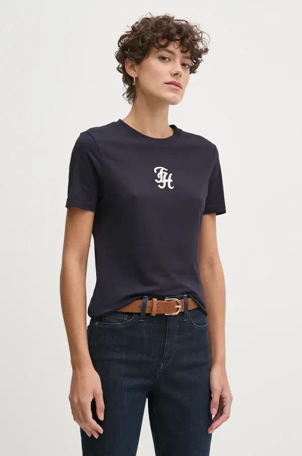 Tommy Hilfiger Bombažna kratka majica Tommy Hilfiger ženska, mornarsko modra barva, WW0WW42772