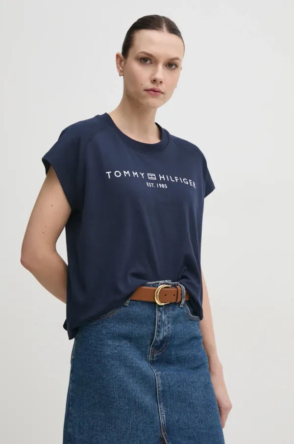 Tommy Hilfiger Bombažna kratka majica Tommy Hilfiger ženska, mornarsko modra barva, WW0WW46113