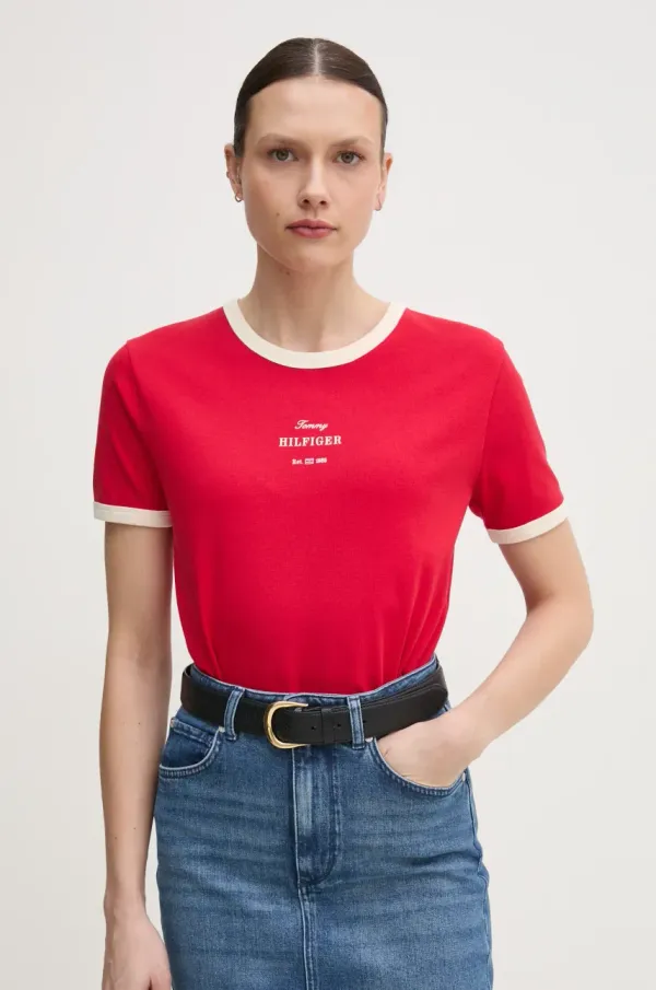 Tommy Hilfiger Bombažna kratka majica Tommy Hilfiger ženska, rdeča barva, WW0WW44586