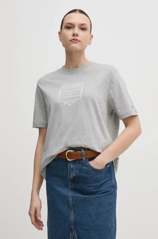 Tommy Hilfiger Bombažna kratka majica Tommy Hilfiger ženska, siva barva, WW0WW45525