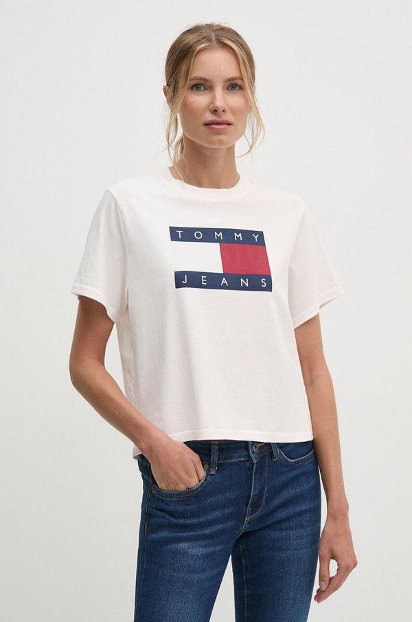 Tommy Jeans Bombažna kratka majica Tommy Jeans ženska, bež barva, DW0DW18629