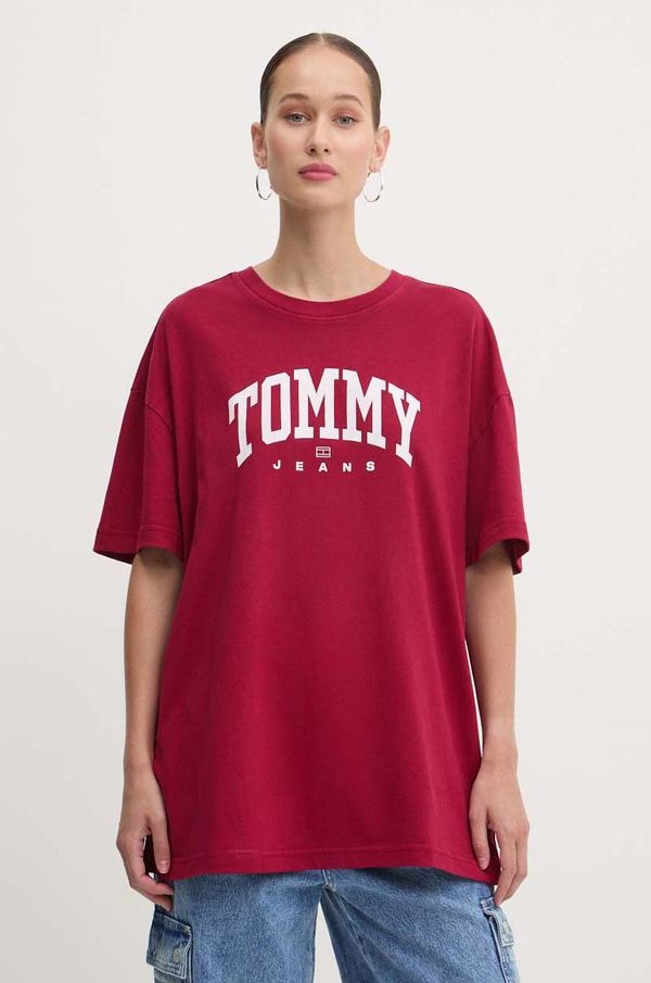 Tommy Jeans Bombažna kratka majica Tommy Jeans ženska, bordo barva, DW0DW18403