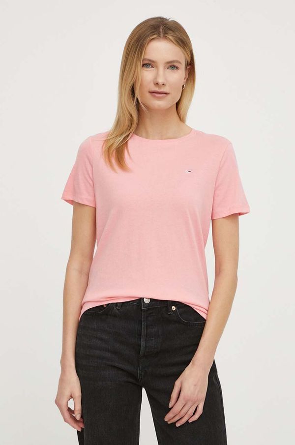 Tommy Jeans Bombažna kratka majica Tommy Jeans ženski, roza barva