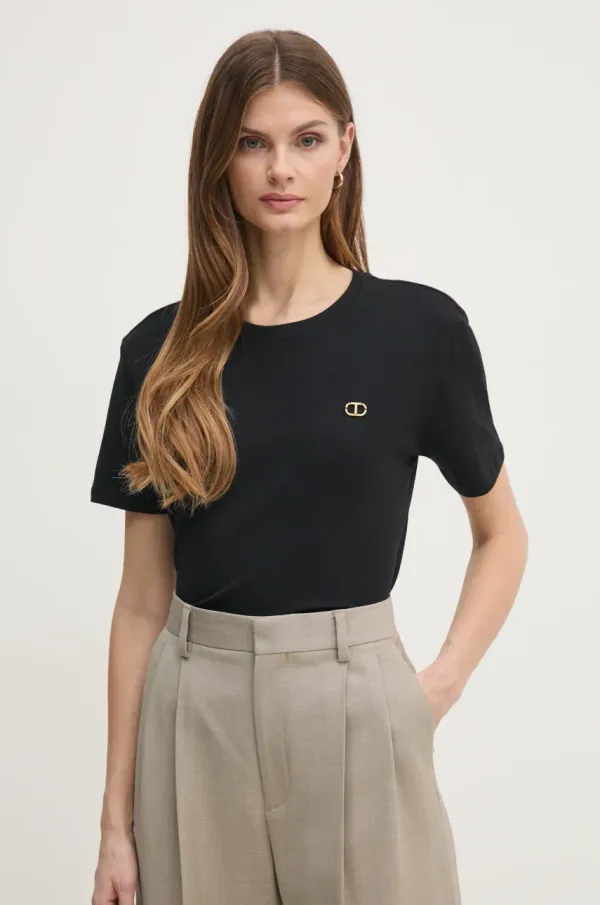 Twinset Bombažna kratka majica Twinset ženska, črna barva, 251TP2074