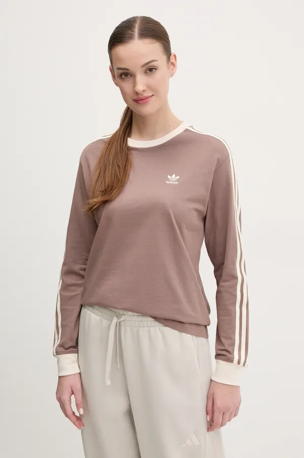 adidas Originals Bombažna majica z dolgimi rokavi adidas Originals 3-Stripes rjava barva, JC5773