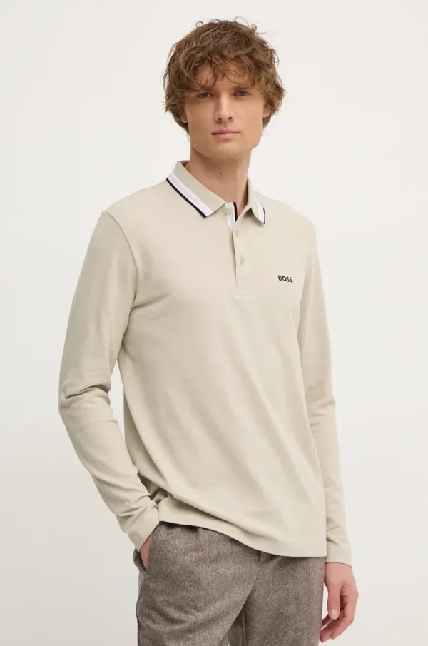 BOSS Green Bombažna majica z dolgimi rokavi Boss Green bež barva, 50506191