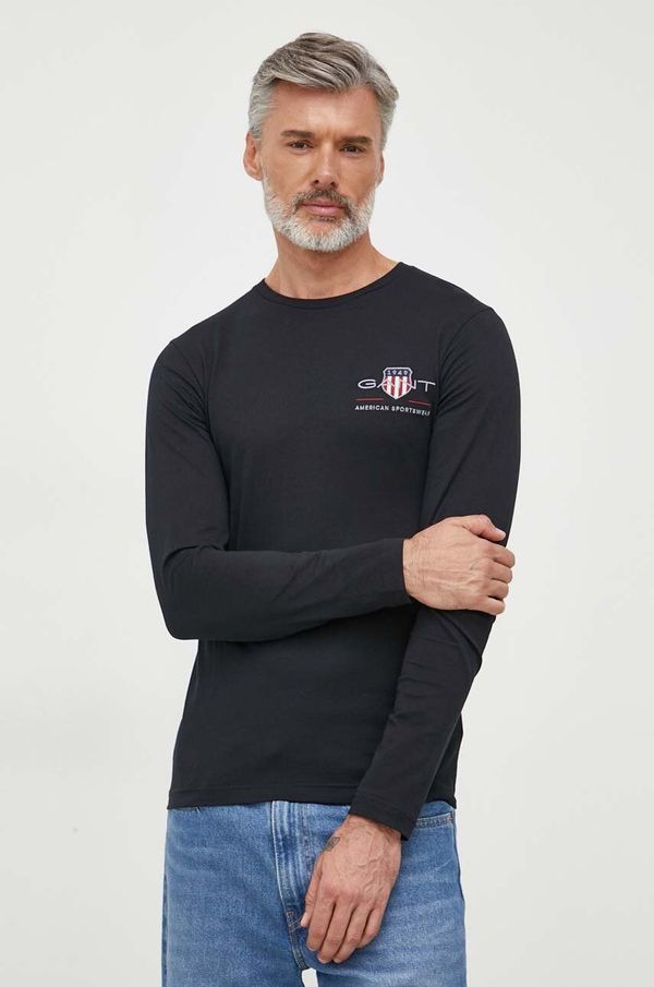 Gant Bombažna majica z dolgimi rokavi Gant črna barva