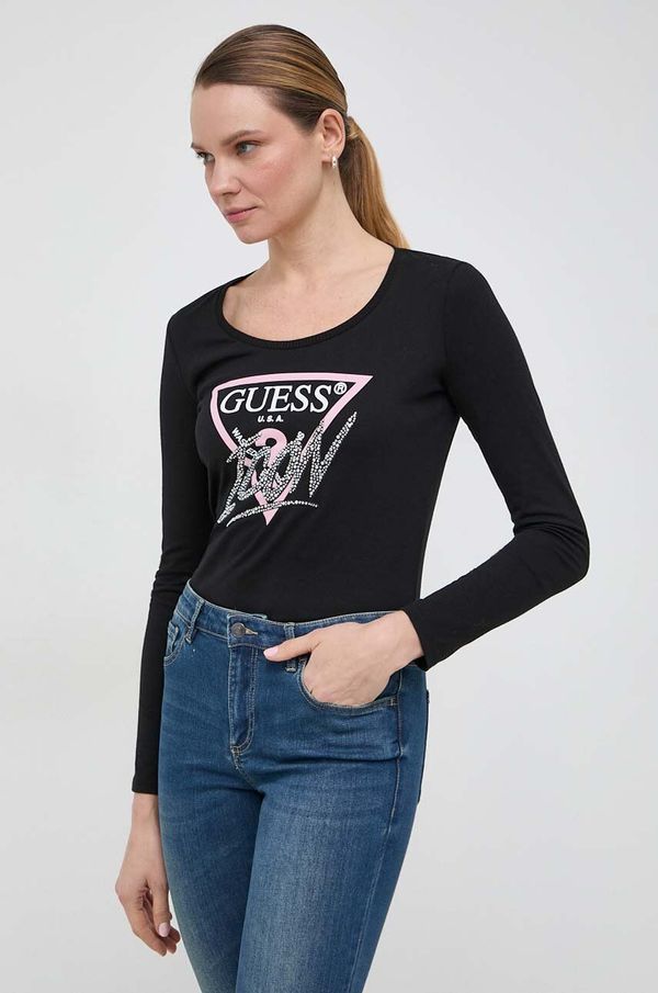 Guess Bombažna majica z dolgimi rokavi Guess črna barva